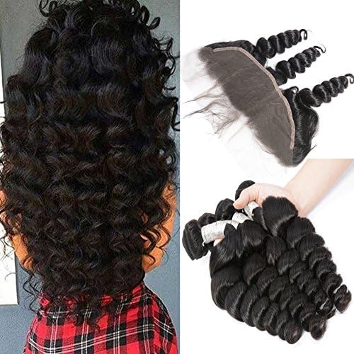 GEM Beauty Brazilian Loose Wave Hair 3 Bundles With Lace Frontal Remy Human Hair Weave 13x4 Ear to Ear Frontal Closure With Bundles 16 with 18 20 22 inch