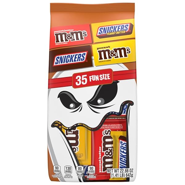 M&M’S PEANUT, SNICKERS CRUNCHY & SNICKERS ORIGINAL FUN SIZE TRICK OR TREAT INDIVIDUALLY WRAPPED MILK CHOCOLATE HALLOWEEN CANDY VARIETY ASSORTMENT, 35 CT BULK BAG