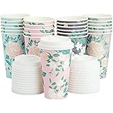 Juvale Floral Paper Coffee Cups with Lids - Disposable Eco-Friendly Paper Cups with Lids for Travel - Party & Bridal Shower Coffee Supplies - 24 Count, 16 Oz, Pastel Assorted