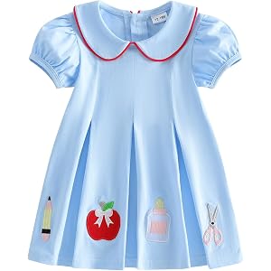 Santikisler Toddler Girl Back to School Smocked Dress | Puff Short Sleeve, Peter Pan Collar, First Day of School Clothes, Pre