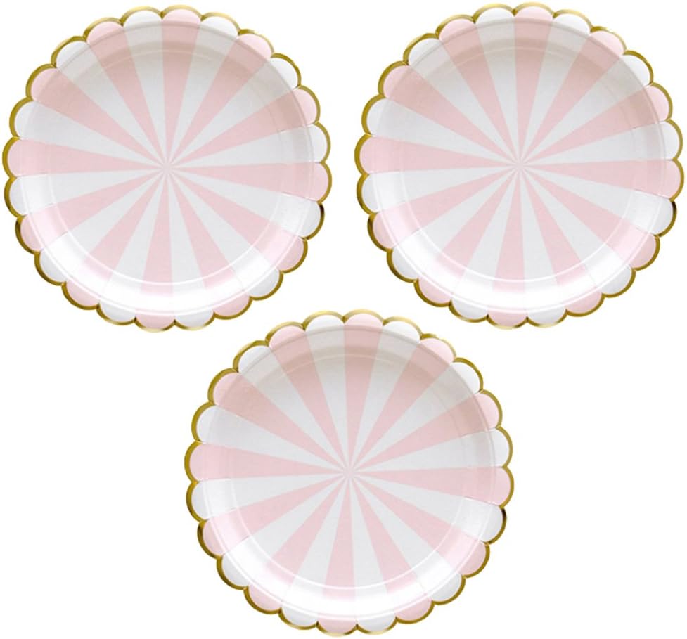 Disposable Party Paper Plates Stripe Dessert Plates 7-Inch for a Tea Party, Picnic or Birthday, Pack of 24 (7 in, Pink)