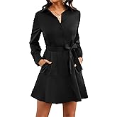 Women's Long Sleeve Button Up Midi Belt Shift Collar Dress with Pockets for Work Office Business