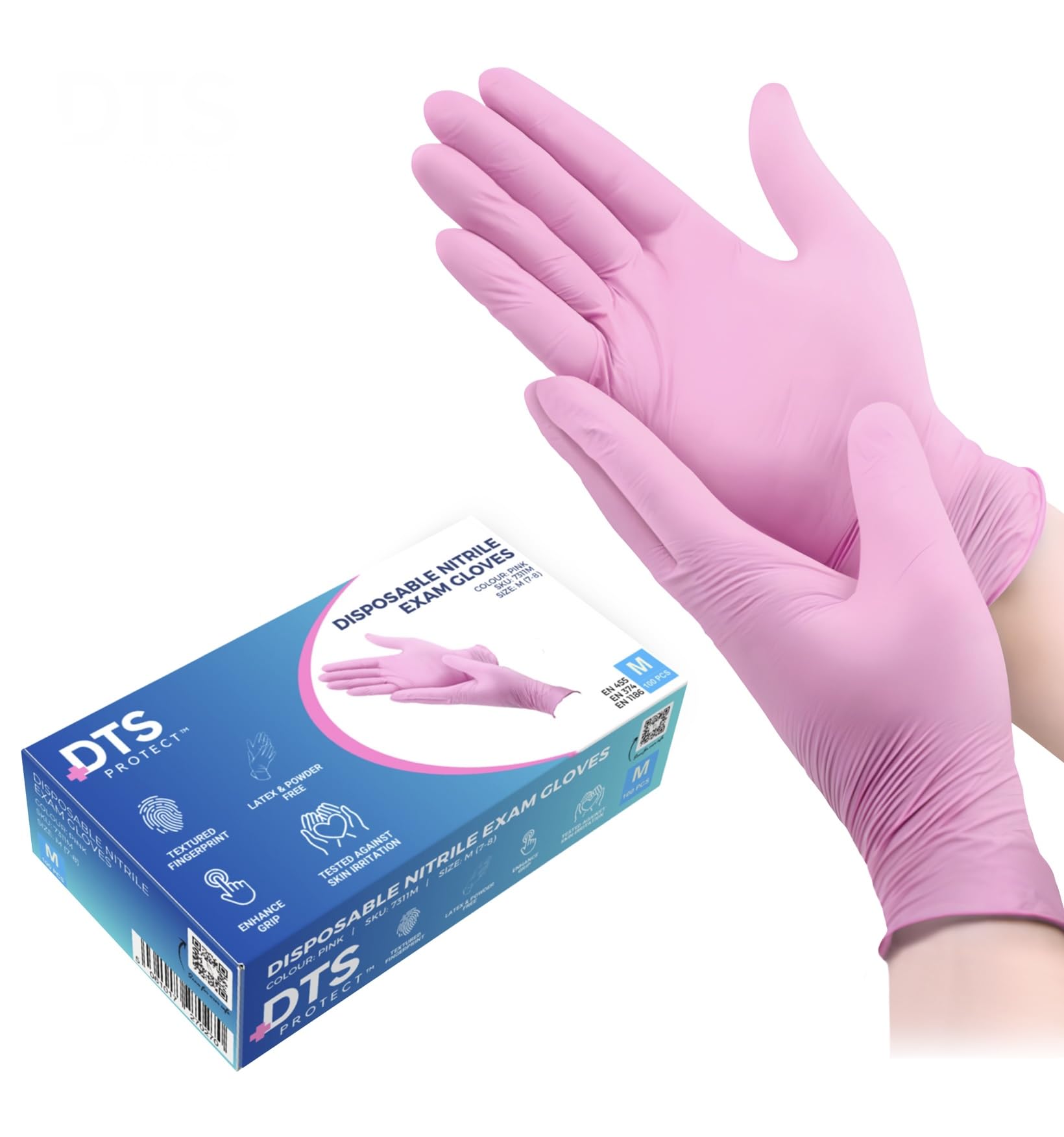 DTS PROTECT Nitrile Disposable Gloves - Box of 100 - Pink - Latex Free - PPE, Sterile, Medical & Surgical Gloves (Medium)