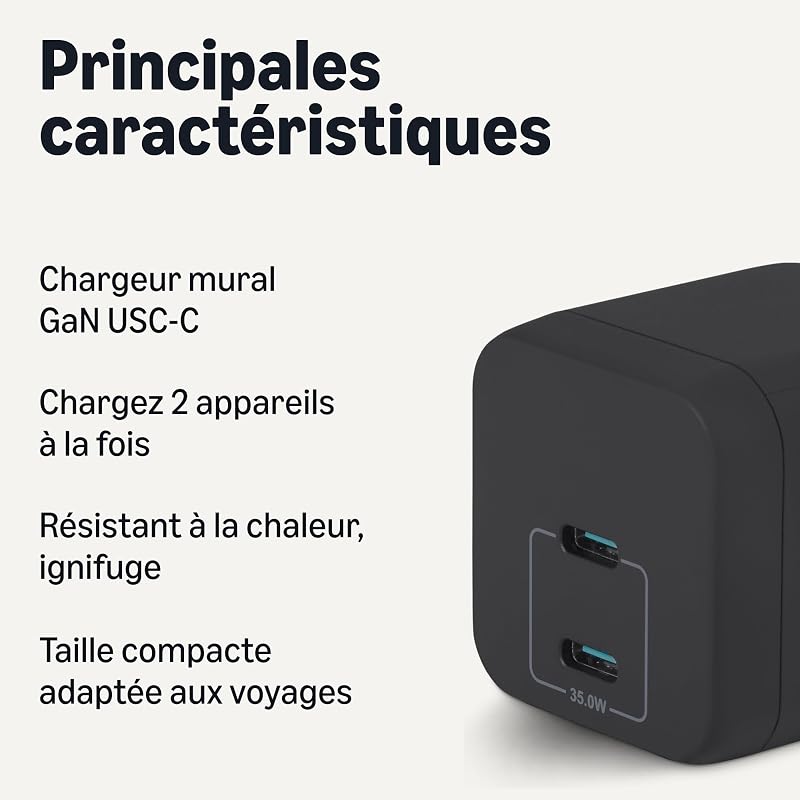 Chargeur Mural USB C Nano GaN à Chargement Rapide, 35W, 2 Ports Pour Tablettes et Téléphones, Noir — photo 2 sur 5