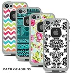 Protective Designer Vinyl Skin Decals for LifeProof FRE iPhone SE / 5 / 5S Case - Cool Trendy Floral, Damask, Chevron & Tribal Design Patterns (Pack of 4 Skins) - [TeleSkins] - Only SKINS and NOT Case