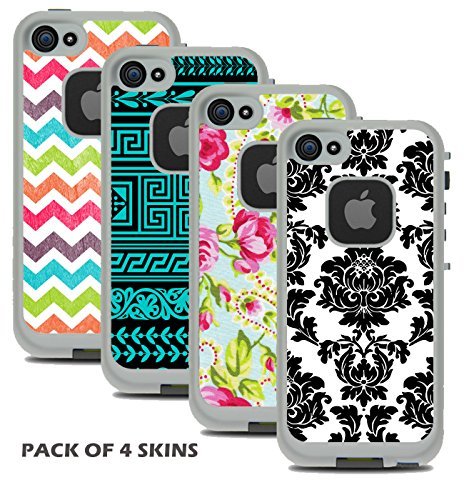 Protective Designer Vinyl Skin Decals for LifeProof FRE iPhone SE / 5 / 5S Case - Cool Trendy Floral, Damask, Chevron & Tribal Design Patterns (Pack of 4 Skins) - [TeleSkins] - Only SKINS and NOT Case