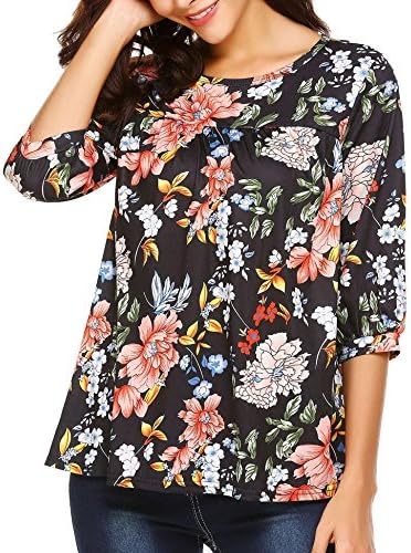 Mofavor Women's 3/4 Sleeve Floral Print Casual Loose Blouse Top Shirts