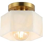 JONATHAN Y 8" Brass Gold Modern 1-Light Hexagonal LED Semi Flush Mount Ceiling Light, White Alabaster Marble Shade, Glam Lamp