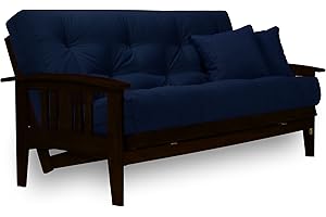 Nirvana Futons Westfield Complete Futon Set - Espresso Finish (Warm Black) – Large Queen Size, Mission Style Wood Futon Frame with Mattress Included (Twill Navy Blue), More Mattress Colors Available