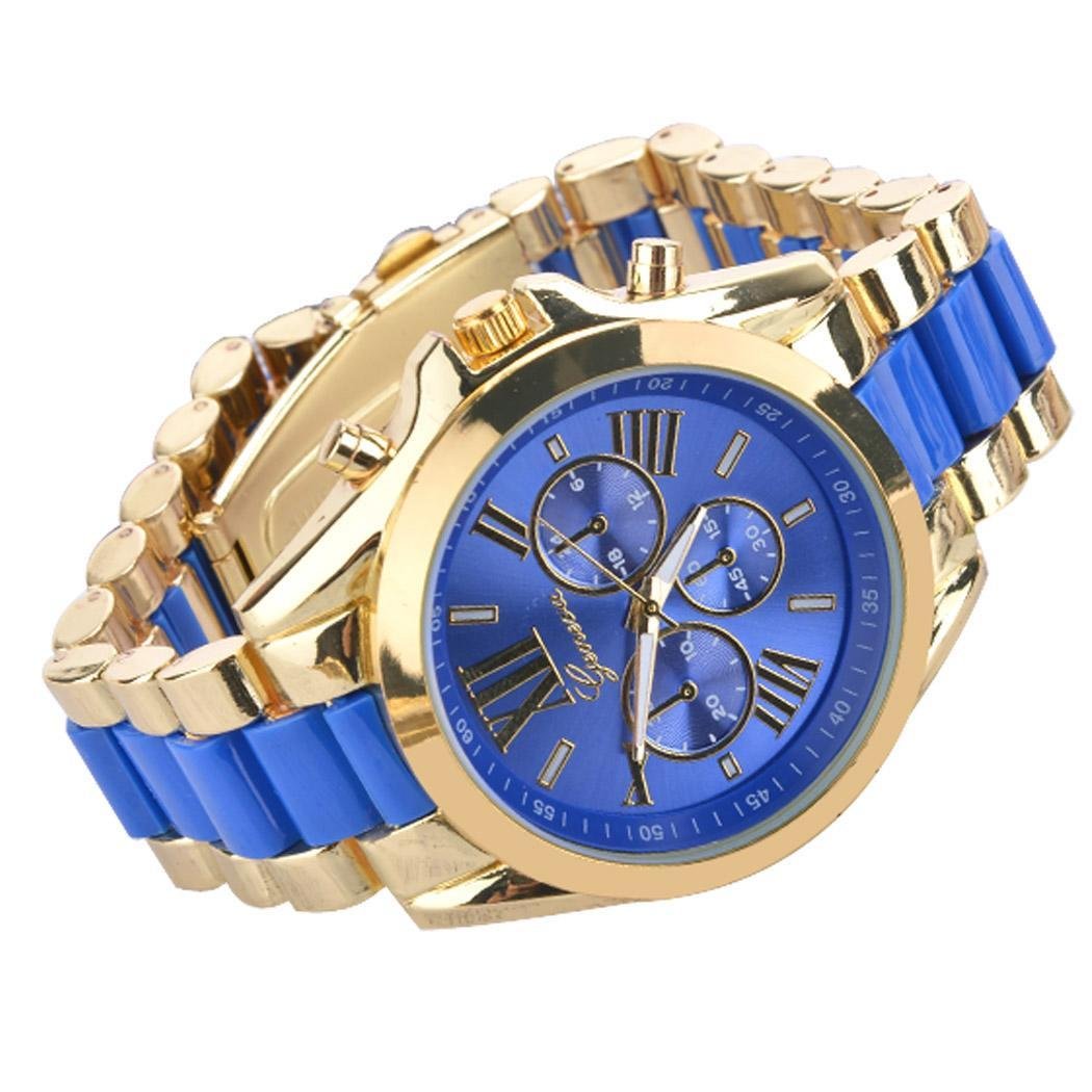 Cnlinkco Quartz Full Steel Watch Luxury Watches Casual Wrist Watch Gold Dial Alloy Watch for Men and Women (Blue)