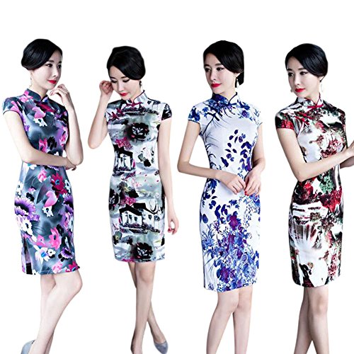 Meijunter Women Traditional Floral Printed Qipao Dress Short Sleeves Cheongsam