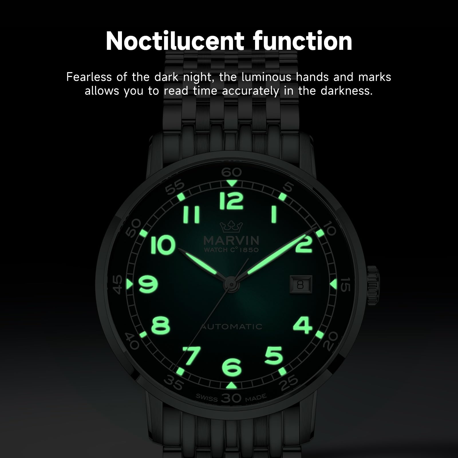 marvin Swiss Automatic Movement Watches for Men Casual Men's Watch with Stainless Steel Strap,Sapphire Glass Dial,Luminous Hands and Hour Markers,50m Waterproof