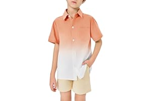 BEOTYSHOW Boys Button Down Shirts Gradient Linen Casual Short Sleeve Beach Summer Boy Shirt with Pocket 2-14 Years