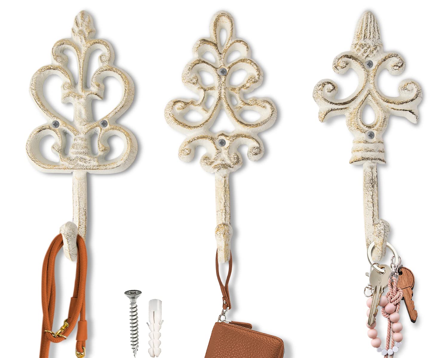 Photo 1 of Shabby Chic Decorative Wall Hooks - Set of 3 - Cast Iron French Country Wall Decor - Farmhouse Hangers for Coats, Purses and More - Rustic White