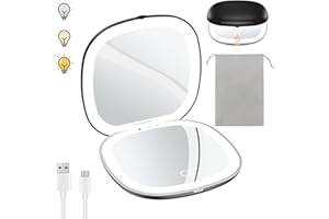 Benbilry 3.9" Rechargeable Compact Makeup Mirror with 3 Light Colors and Magnification 1X / 10X, Double Light Strip Dimmable Travel Makeup Mirror LED Compact Mirror Small Purse Mirror, Black