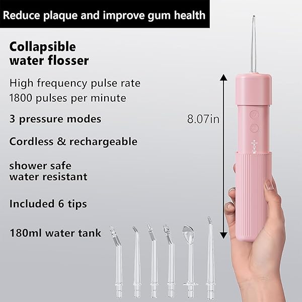 HUACO CARE PORTABLE MINI WATER FLOSSER, ORAL IRRIGATOR WATER TEETH CLEANER PICK WITH TELESCOPIC WATER TANK,3 MODES & IPX7 WATERPROOF, HOME & TRAVEL (PINK)