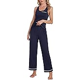 OPOIPIN Women's Pajamas Sets Scoop Neck Sleeveless Tank Tops and Elastic Waist Long Pants Sleepwear Sets with Chest Pocket Navy Blue Large
