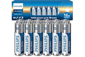 PHILIPS AA Batteries 12-Pack, 1.5v Ultra Alkaline Double A Battery, 132% More Power Then Industry Standard, Long-Lasting 10-Y