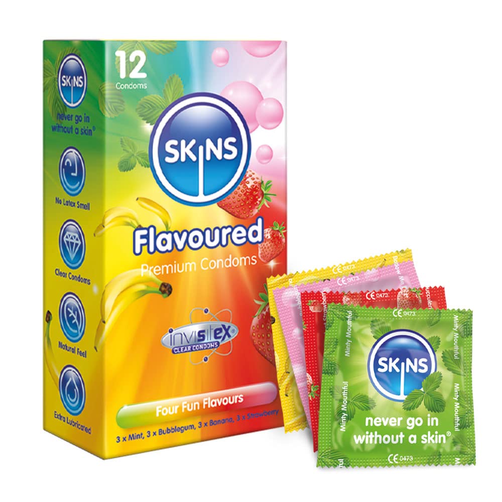 Premium Skins Mixed Flavoured Condoms for Oral and Intercourse - Ultra Thin Flavoured Condoms for Oral, Extra Flavoured Lube for Extra Pleasure - Pack of 12 โ image 1