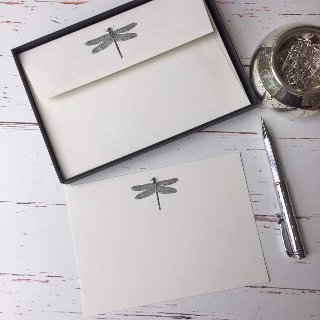 Wagtail Designs Notelets with a Dragonfly Illustration in a lovely Black Box with Ribbon (packet of 20 notelets and envelopes)