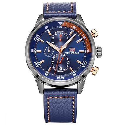 Minifocus Japanese Quartz Genuine Leather Chronograph Waterproof Wrist Watch for Men - 0017 Blue