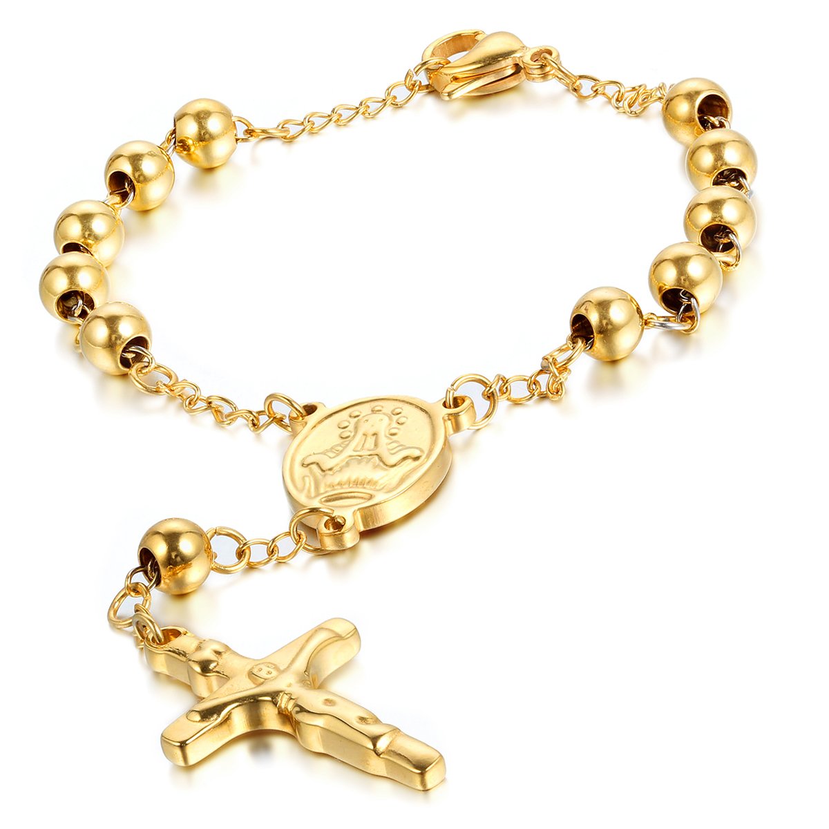 Cupimatch Religious Beaded Bracelet Rosary Cross Stainless Steel Bracelet for Men Women 8.6" Gold