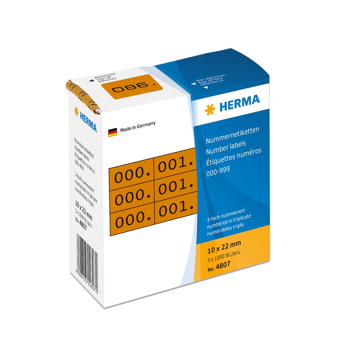 HERMA Number Labels 0-999, Triple, 3000 Pieces, 22 x 10 mm, Self-Adhesive, Matte, Triple Sequential Paper Number Labels, Asset Numbers in Dispenser Box, Brown