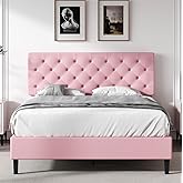REVOMINCA Full Bed Frame with Headboard, Faux Leather Upholstered Platform Bed Frame, Pink Bed Frame Full Size, Wooden Slat Support, No Box Spring Needed, Pink