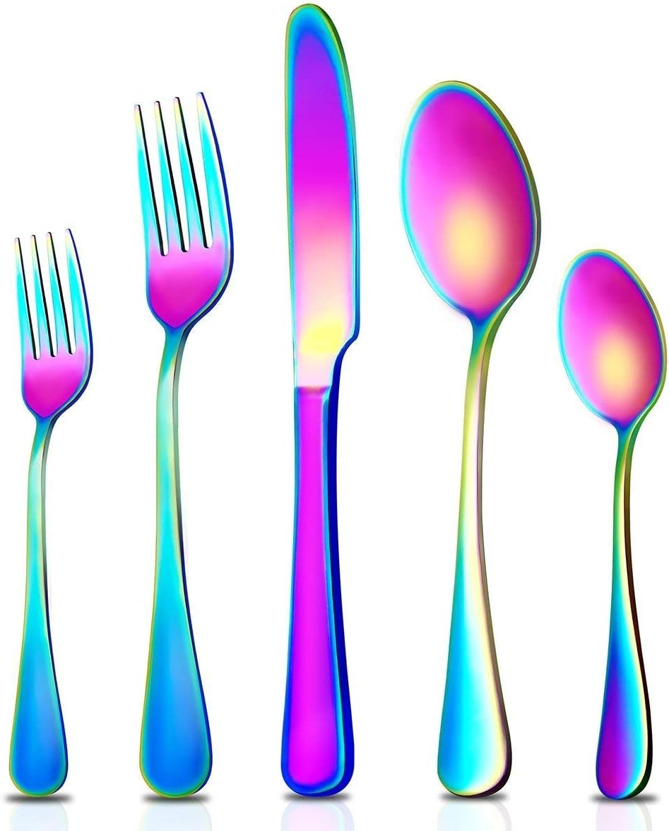 20 Pieces Colorful Cutlery Set by RayPard, Service for 4 Persons, Dining Tableware, with Knife Spoon Fork, Rainbow Iridescent Cutlery Sets 24 + 6 Piece