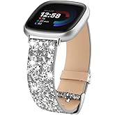 Bling Bands Compatible with Fitbit Versa 4/Fitbit Versa 3/Fitbit Sense 2/Sense Band Women Glitter Sparkle Leather Strap Smart Watch Bands Accessory