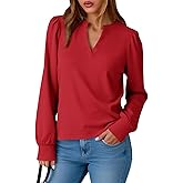 Tankaneo Womens Puff Long Sleeve Tunic Tops Trendy Casual V Neck Fall Shirts Loose Fit Basic Tees