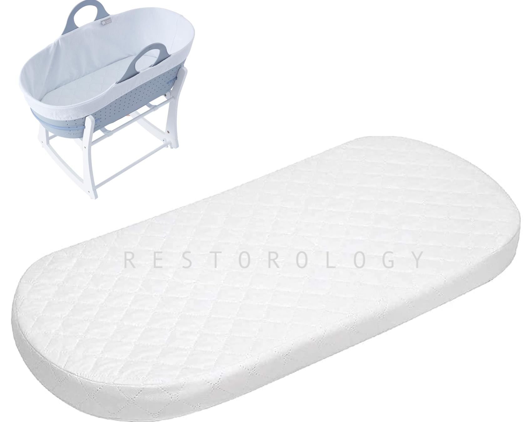 Restorology Moses Basket Oval Mattress, Double Sided Hypoallergenic | Fits Tommee Tippee Sleepee, Mamas & Papas | Removeable Cover (74 x 28 x 4 cm)