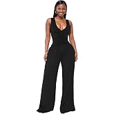 Hostoyo Women Casual Wide Leg Jumpsuits Sleeveless One Piece Rompers | Comfy Jumpsuits,Pants Sets,Vacation Party Club Wear Outing Daily,High Waist Deep V Neck