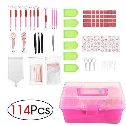 RENCALO 114 Stücke DIY Diamant Malerei Werkzeuge 5D Kreuzstich LED Stickerei Stift + Kleber + Aufkleber + Aufbewahrungsbox