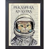 Cat Astronaut in Space Suit Poster, Per Aspera Ad Astra Latin Quote, Book Page Artwork
