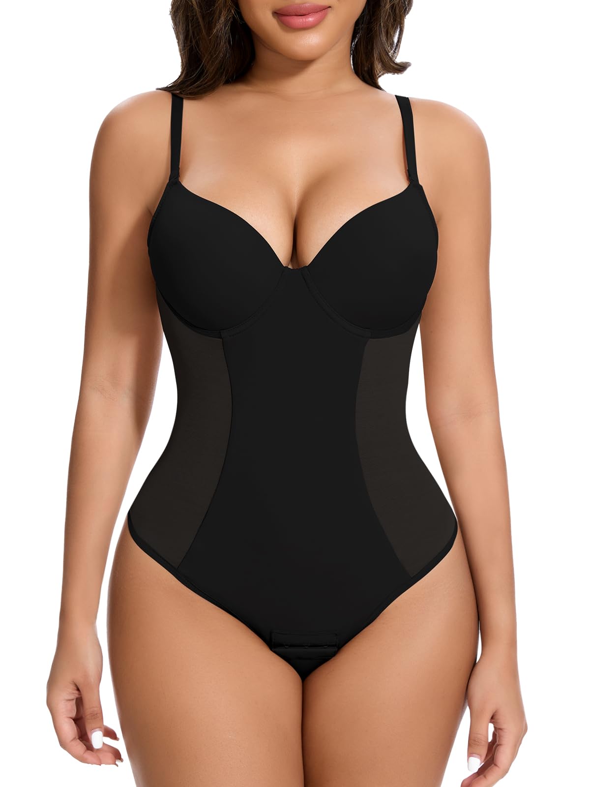 Photo 1 of SHAPERIN Strapless Backless Shapewear Women Tummy Control Bodysuit Built in Bra Thong Body Suit Low Back Body Shaper Black S