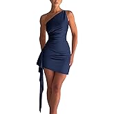 CORIRESHA Women's Sexy One Shoulder Satin Ruched Sleeveless Mini Dress for Homecoming Club Party