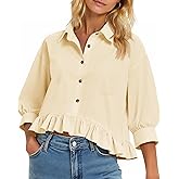 Cicy Bell Womens Cropped Button Down Shirts 3/4 Length Sleeve Casual Cotton Blouses Loose Fit Ruffle Hem Tops