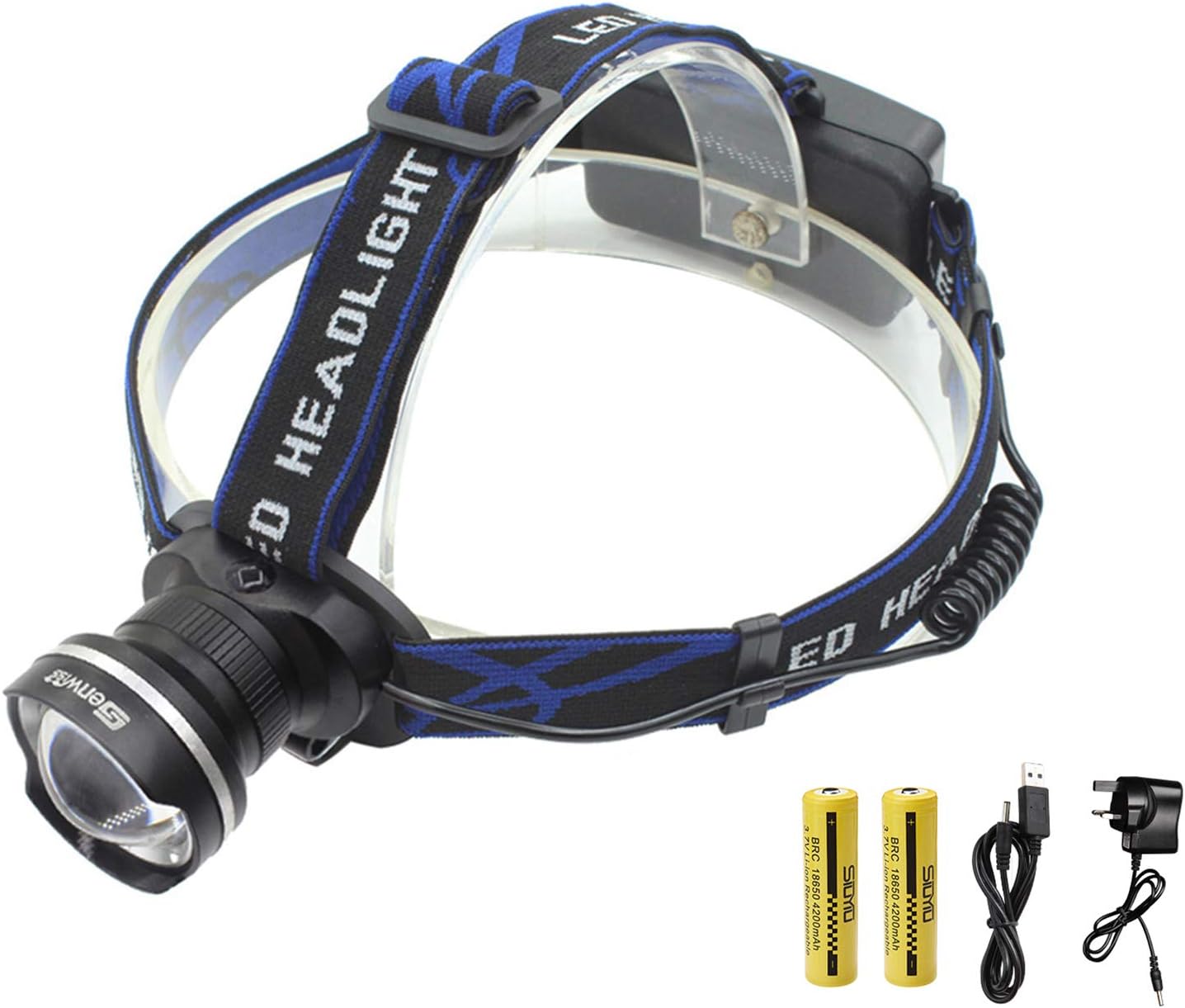 Siuyiu Led Rechargeable Head Torch, Running Headlamp, Super Bright 3000 Lumens Headlight, 3 Modes Zoomable Waterproof T6 Head Lamp with 2 x Batteries for Camping Biking Hunting Fishing Riding (Black)
