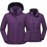 PTSOC Women's 3 in 1 Ski Jacket Mountain Waterproof Windproof Winter Snow Coat Hike Snowboarding Jackets Hooded Warm Raincoat