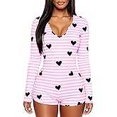 VFURYGD Womens Deep V Neck Romper Pajamas Long Sleeve One Piece Bodysuits Bodycon Jumpsuit Shorts