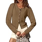 Saodimallsu Womens Puff Long Sleeve Cardigan Sweaters Fall Button Down Lightweight Knit Crew Neck Sweater Shirts