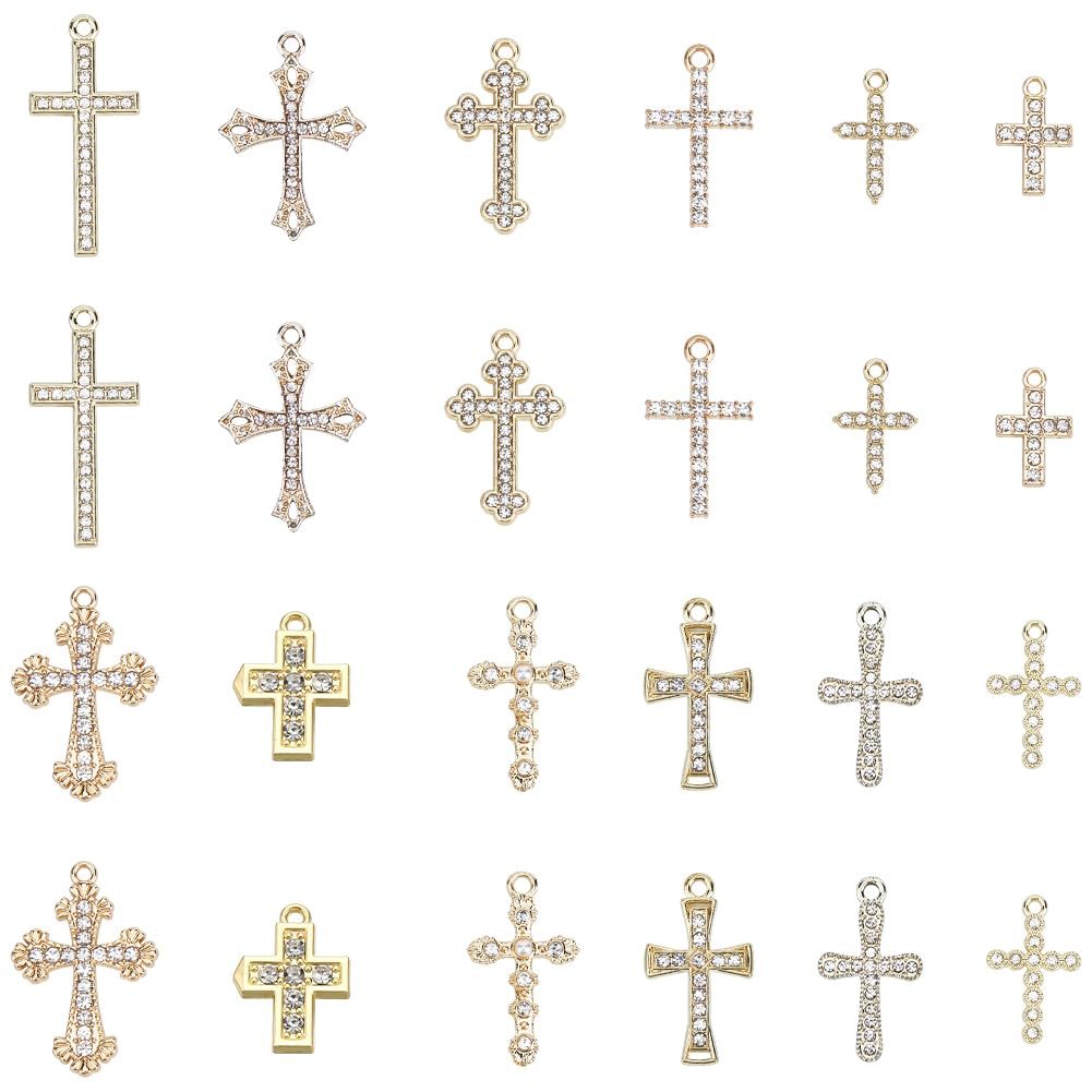 SUNNYCLUE 1 Box 24Pcs 12 Styles Alloy Cross Charms Crucifix Charms Bulk Gold Rhinestone Small Metal Easter Holiday Charm for DIY Crafts Necklace Accessories Earring