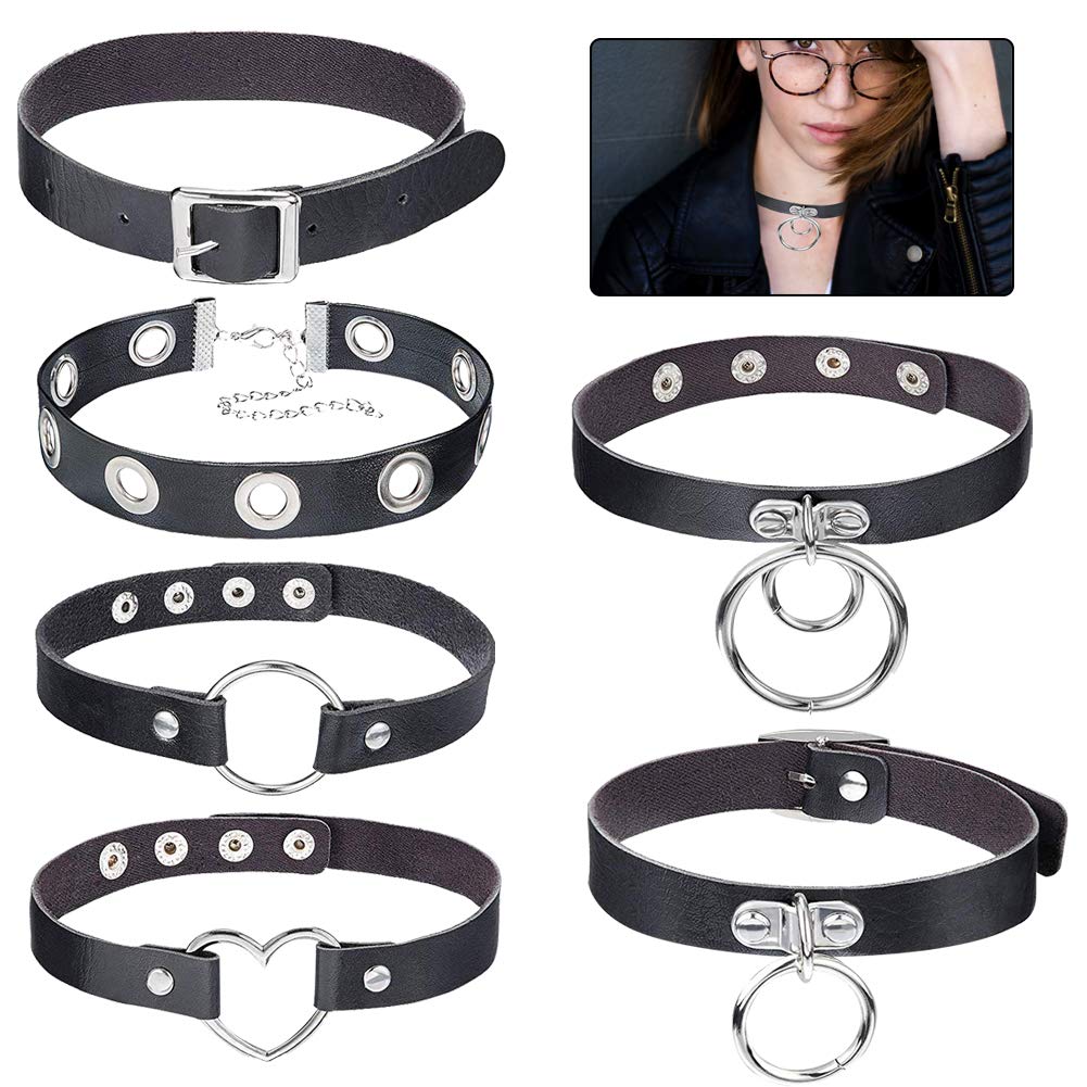 BEHAHAI 6 PCS Black Leather O Ring Vintage Gothic Punk Choker Fancy Dress Rock Necklace PU Leather Collar For Women Men Accessory