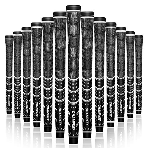 Champkey Multi Compound Golf Grips Set of 13 (5 Oz Solvent,Hook Blade,15 Tapes & Vise Clamp Available)-Choose Between 13 Grips & All Repair Kits and 13 Grips & 15 Tapes (Black&Black, Standard Szie)