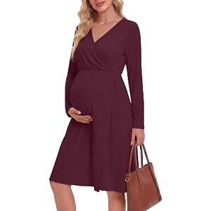 Locoowai Women's Maternity Wrap Long Sleeve Dress | V Neck, Empire Waist, Midi Dress for women, Pregnancy, Fall, Photoshoot,