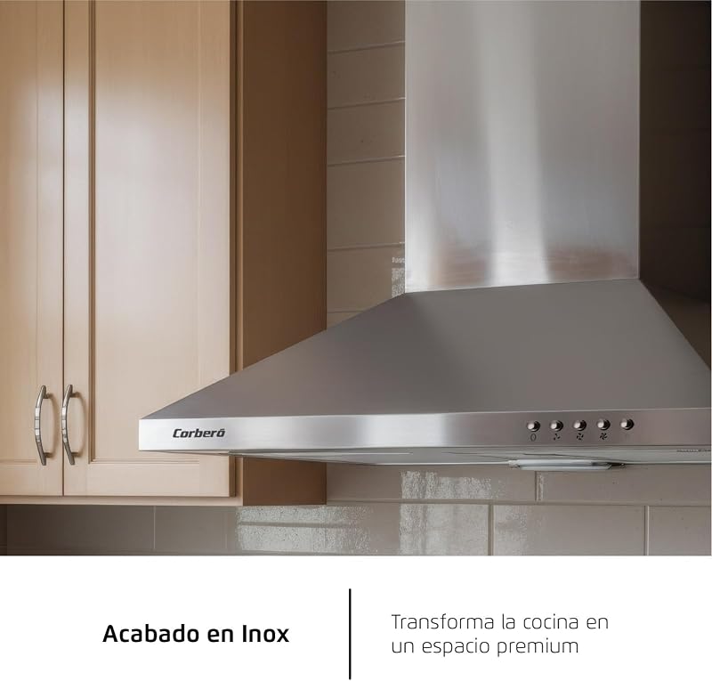 Corberó - Extractor de Pirâmide 60 cm | TEIDE636X |375,4 m3/h | 57db | 36,5 W | 3 velocidades | Controlo por botão de pressão | 2 filtros de alumínio + filtro de carvão | Aço inoxidável