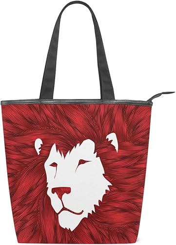 Amazon Vawa トートバッグ キャンバスバッグ かわいい 獅子柄 ライオン アニマル 赤 レッド ハンドバッグ レディース 大容量 2way 帆布 サブバッグ 多機能バッグ トートバッグ