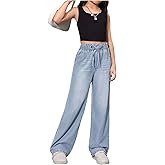 RoseSeek Girl's Baggy Wide Leg Jeans High Elastic Waisted Denim Pants Casual Jeans with Bow Y2K Streetwear