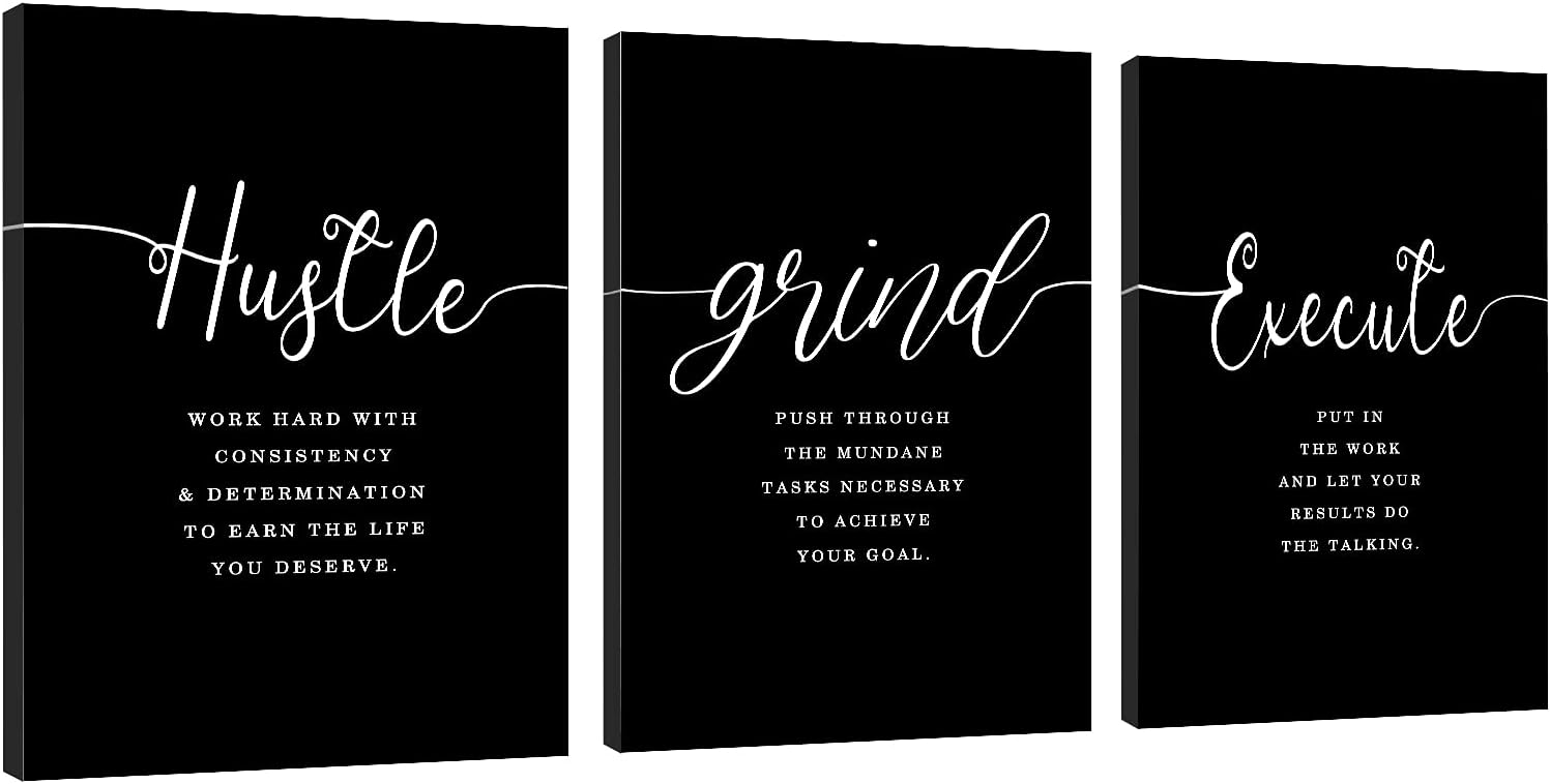 Wall Décor - Office Decor - Hustle Quotes Execute Prints, Framed Canvas Wall Art Grind Quote, Office Wall Art, Black Large Poster, Positive MotivationalPrints, Inspirational Print (F-3pcs,12x16inchx3pcs)